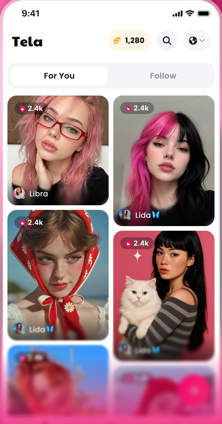 Tela feed with photo and video posts from creators